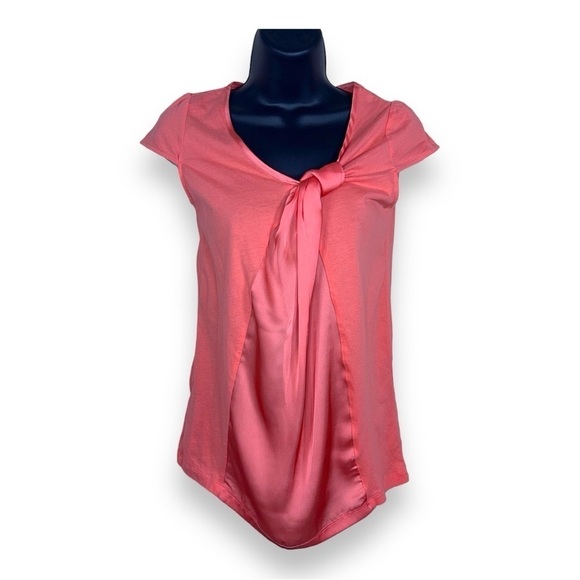 XS MNG ORANGE TOP SATIN ACCENT SHORT SLEEVE STRETCH VIBRANT - Picture 1 of 9